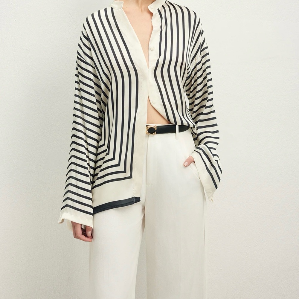 Commense Black and Cream Striped Silk Blouse
